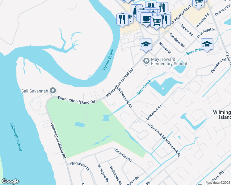 map of restaurants, bars, coffee shops, grocery stores, and more near 7 North Cromwell Road in Wilmington Island