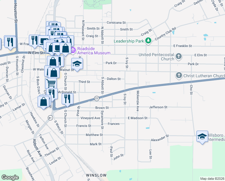 map of restaurants, bars, coffee shops, grocery stores, and more near 102 Anderson Street in Hillsboro