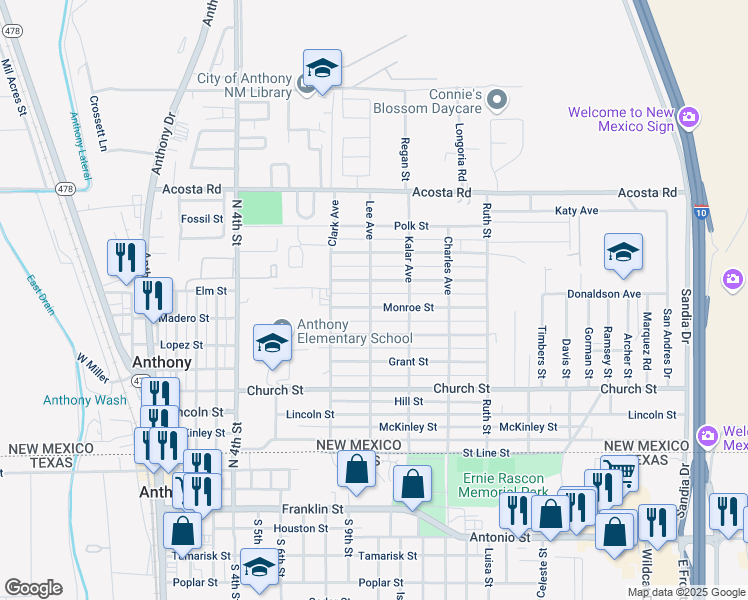 map of restaurants, bars, coffee shops, grocery stores, and more near 901-999 Madison Street in Anthony