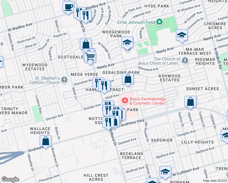 map of restaurants, bars, coffee shops, grocery stores, and more near 2100 Geraldine Street in Midland