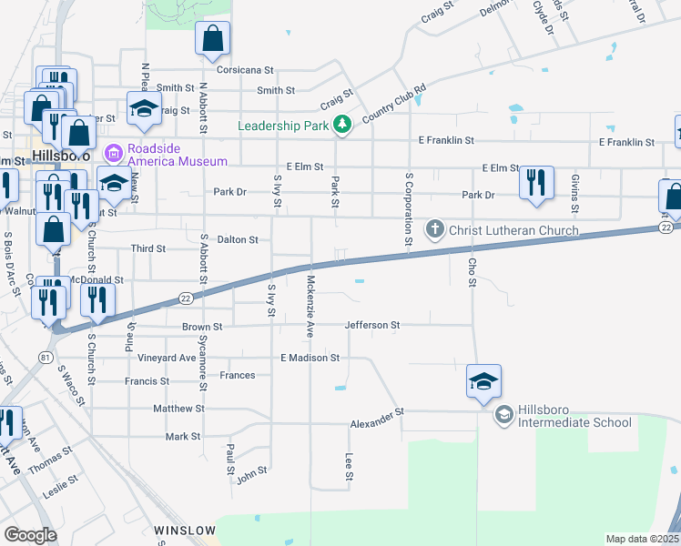 map of restaurants, bars, coffee shops, grocery stores, and more near 607 Corsicana Highway in Hillsboro