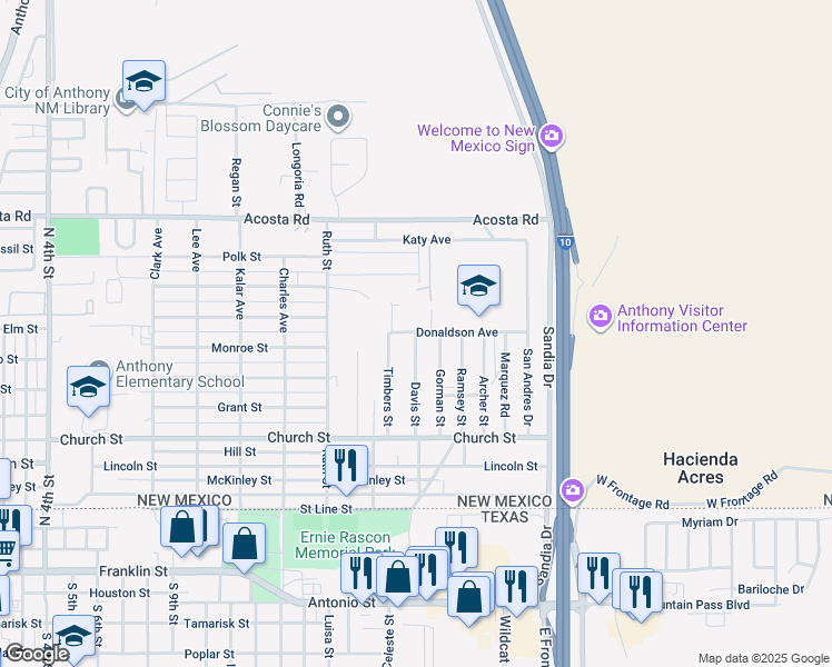 map of restaurants, bars, coffee shops, grocery stores, and more near 499 Davis St in Anthony