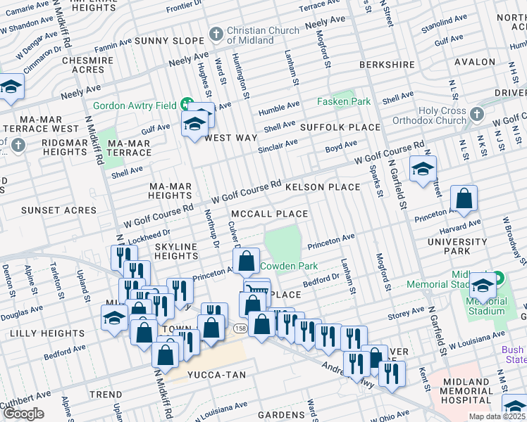 map of restaurants, bars, coffee shops, grocery stores, and more near 1509-1599 Ward St in Midland