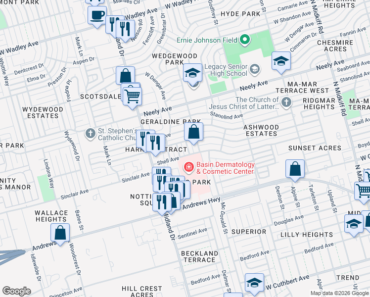 map of restaurants, bars, coffee shops, grocery stores, and more near 2106 Freeport Lane in Midland