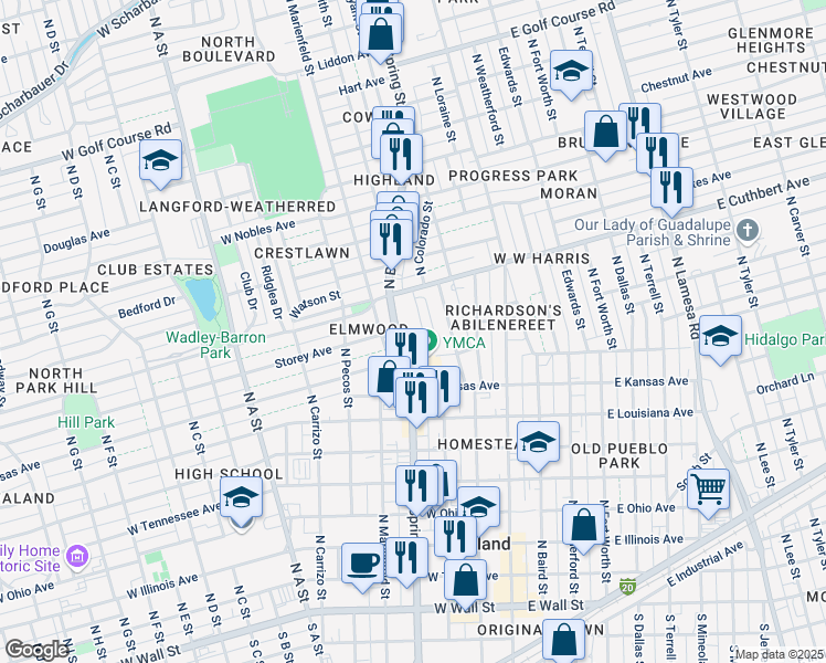 map of restaurants, bars, coffee shops, grocery stores, and more near 1004 North Big Spring Street in Midland