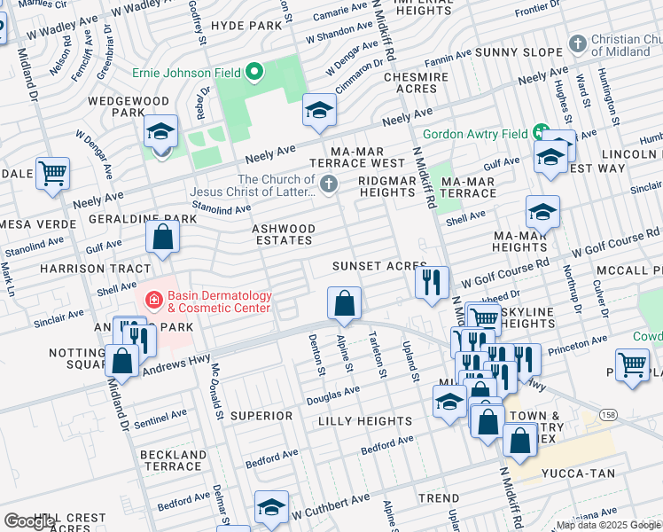 map of restaurants, bars, coffee shops, grocery stores, and more near 1907 Tarleton Street in Midland