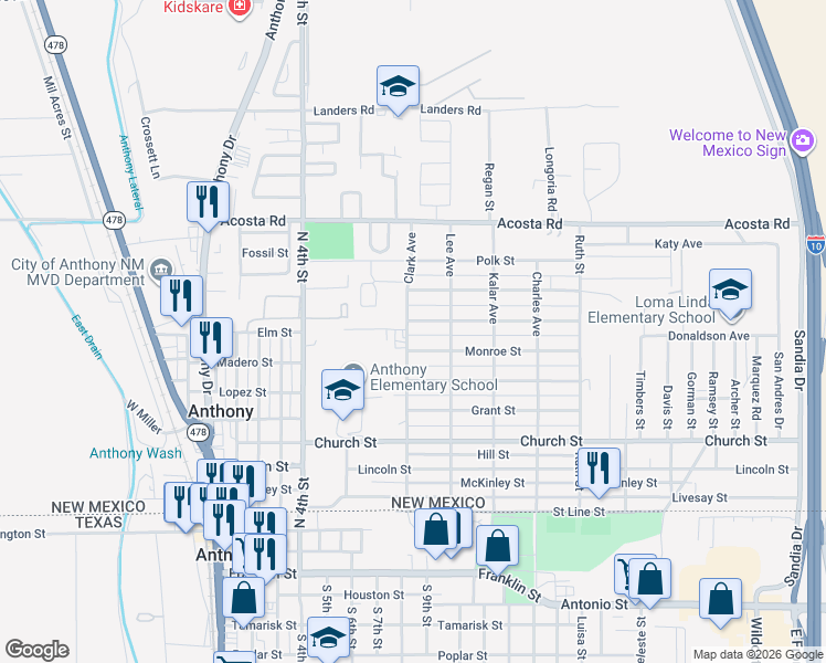 map of restaurants, bars, coffee shops, grocery stores, and more near 709-799 Madison Street in Anthony