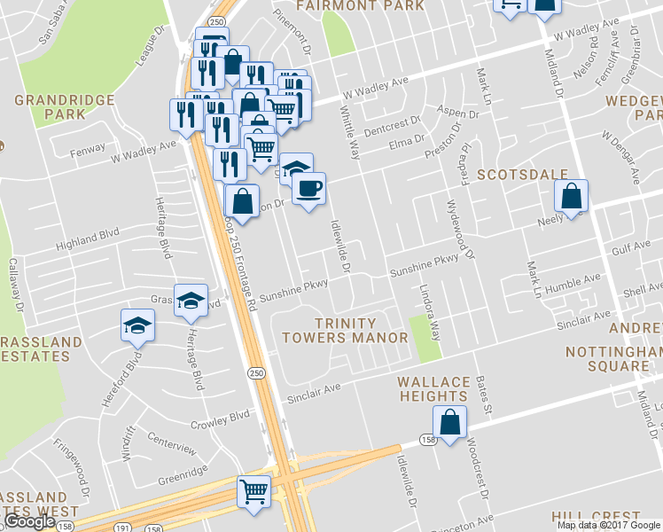 map of restaurants, bars, coffee shops, grocery stores, and more near 2506 Hoya Drive in Midland