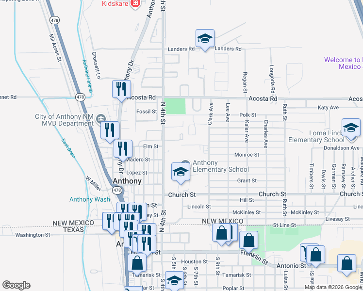 map of restaurants, bars, coffee shops, grocery stores, and more near 709 Madison Street in Anthony