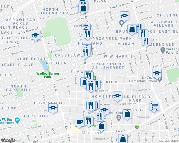 map of restaurants, bars, coffee shops, grocery stores, and more near 1004 North Big Spring Street in Midland