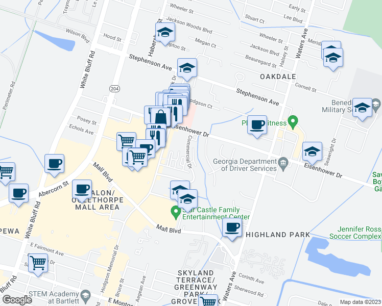 map of restaurants, bars, coffee shops, grocery stores, and more near 355 Commercial Drive in Savannah