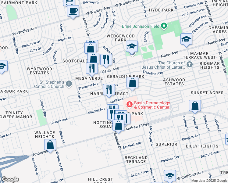 map of restaurants, bars, coffee shops, grocery stores, and more near 3834 Nassau Drive in Midland