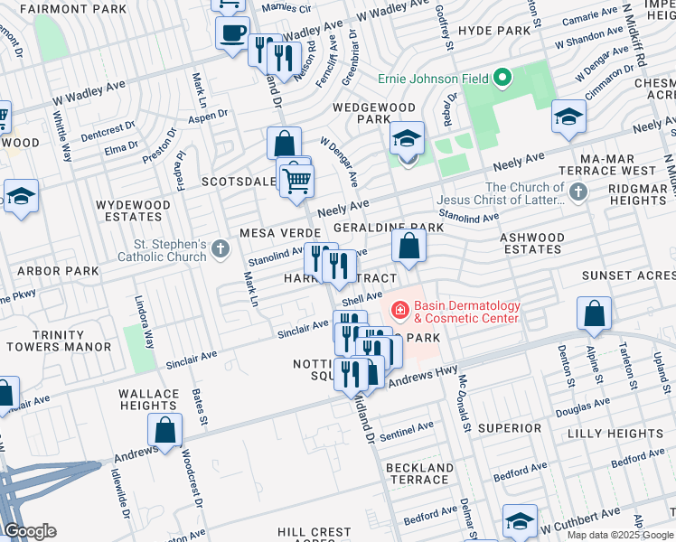 map of restaurants, bars, coffee shops, grocery stores, and more near 4311 Gulf Avenue in Midland