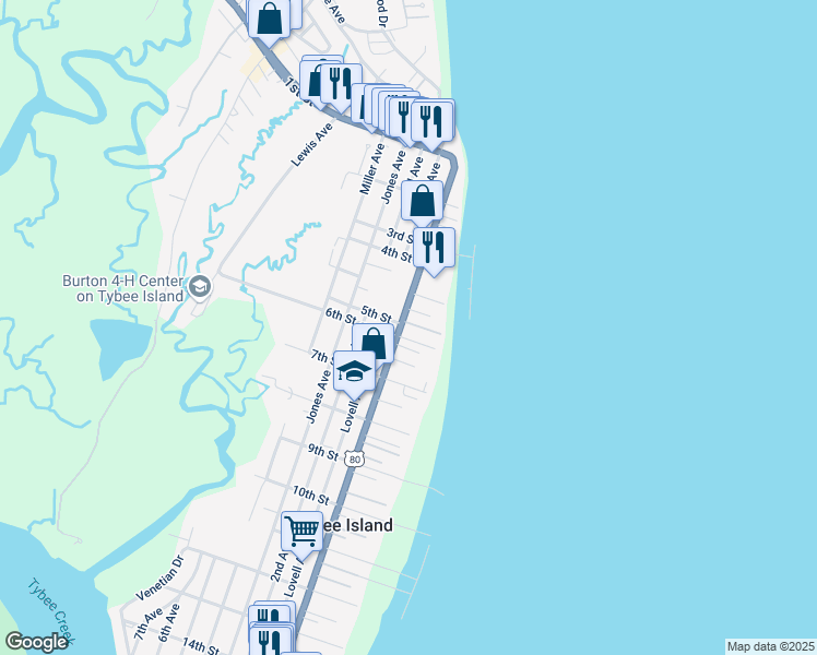 map of restaurants, bars, coffee shops, grocery stores, and more near 8 Center Place in Tybee Island