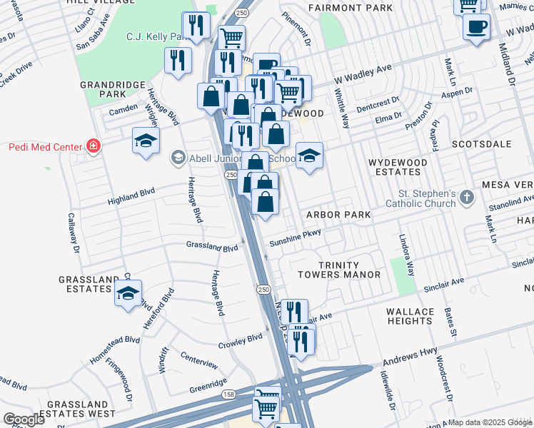 map of restaurants, bars, coffee shops, grocery stores, and more near 2600 North Loop 250 West in Midland