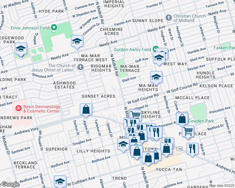 map of restaurants, bars, coffee shops, grocery stores, and more near 3301 Sinclair Avenue in Midland