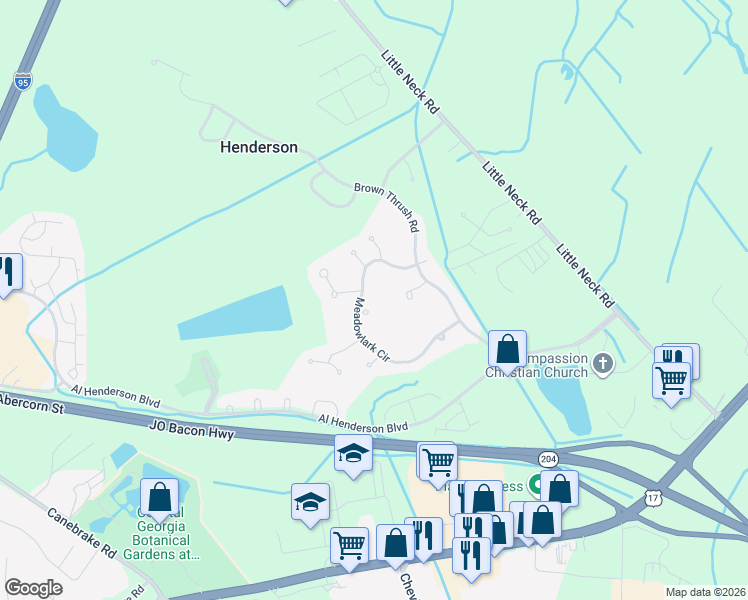 map of restaurants, bars, coffee shops, grocery stores, and more near 2 Song Sparrow Court in Savannah