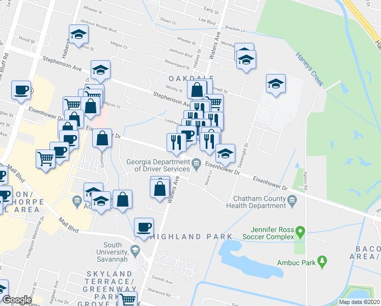 map of restaurants, bars, coffee shops, grocery stores, and more near 6740 Waters Avenue in Savannah