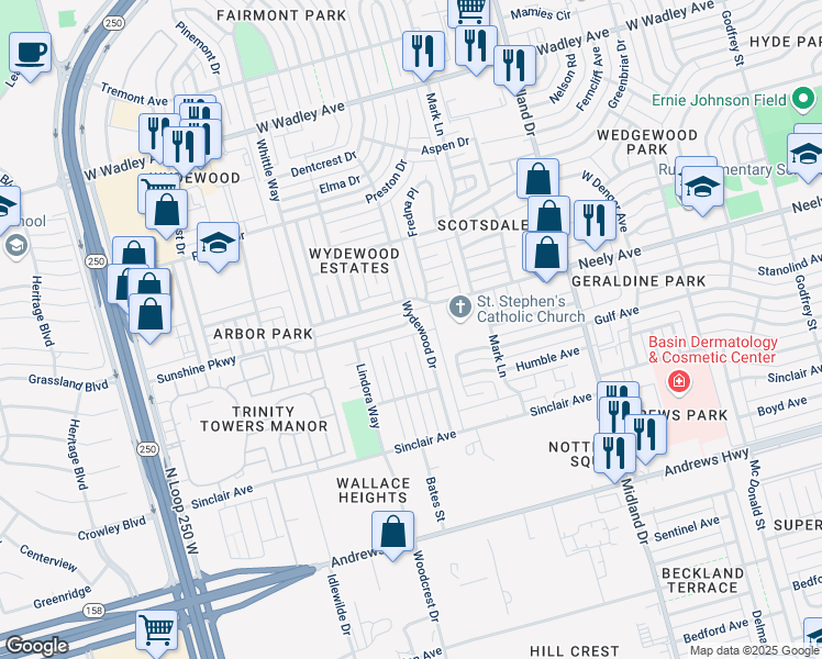 map of restaurants, bars, coffee shops, grocery stores, and more near 4701 Sunshine Pkwy in Midland