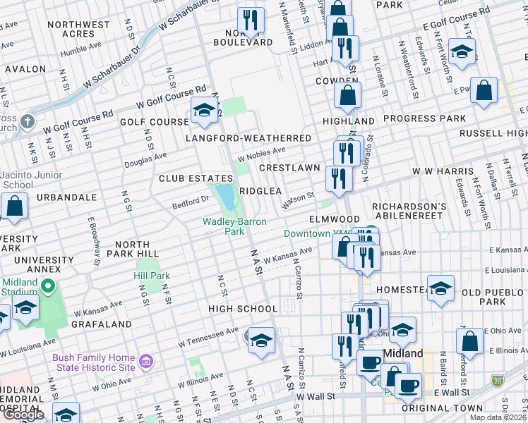 map of restaurants, bars, coffee shops, grocery stores, and more near 102 Club Drive in Midland