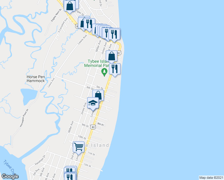 map of restaurants, bars, coffee shops, grocery stores, and more near 8 Center Place in Tybee Island