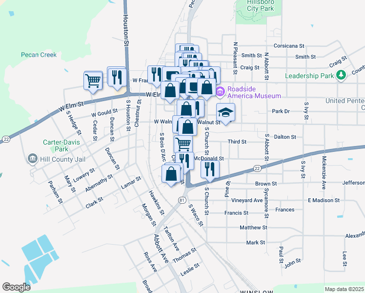 map of restaurants, bars, coffee shops, grocery stores, and more near 230-234 South Waco Street in Hillsboro