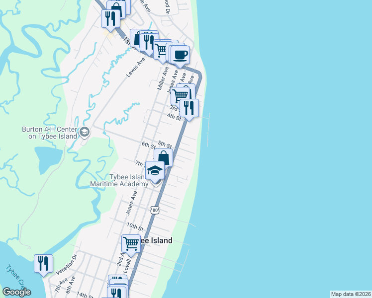 map of restaurants, bars, coffee shops, grocery stores, and more near 8 Center Place in Tybee Island