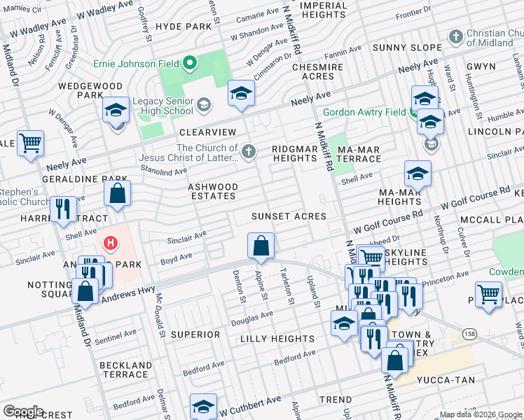map of restaurants, bars, coffee shops, grocery stores, and more near 1907 Tarleton Street in Midland
