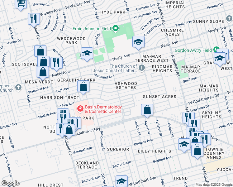 map of restaurants, bars, coffee shops, grocery stores, and more near 3602-3604 Humble Avenue in Midland
