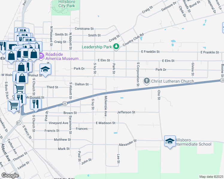 map of restaurants, bars, coffee shops, grocery stores, and more near 607 Corsicana Highway in Hillsboro