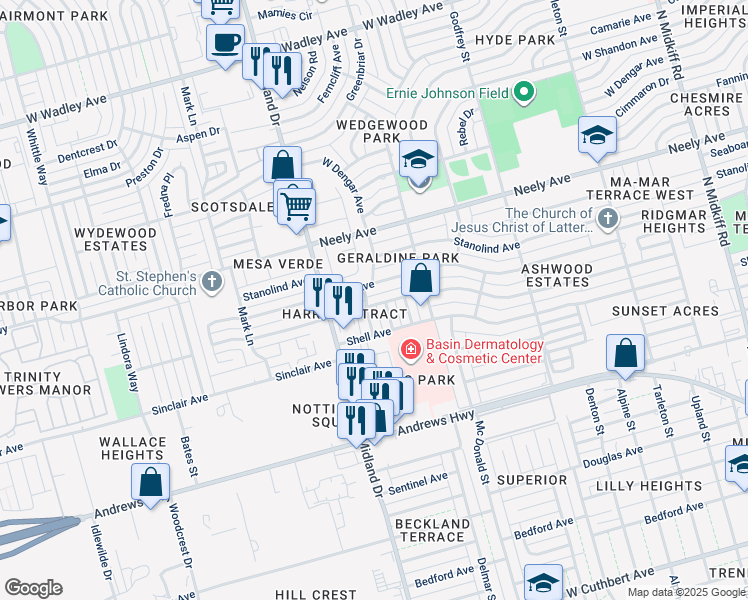 map of restaurants, bars, coffee shops, grocery stores, and more near 3834 Nassau Dr in Midland