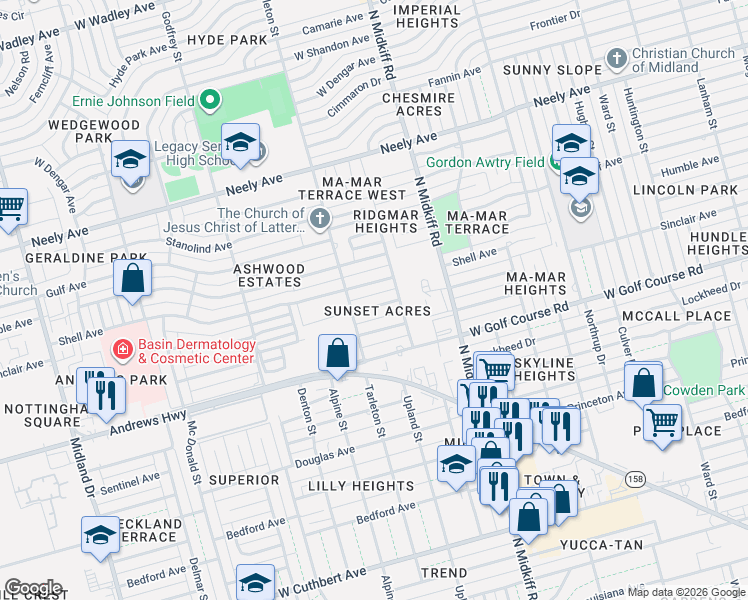 map of restaurants, bars, coffee shops, grocery stores, and more near 3408 Sinclair Avenue in Midland