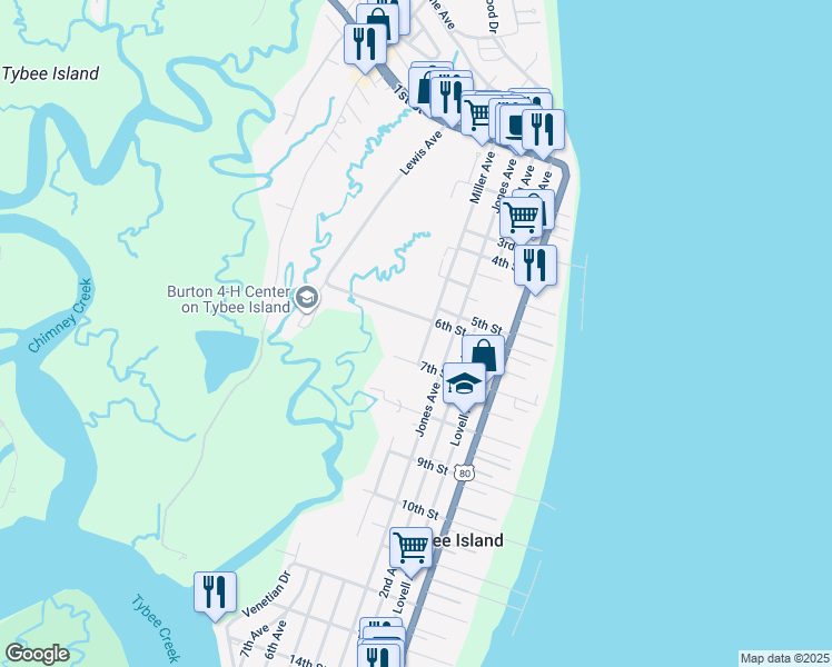 map of restaurants, bars, coffee shops, grocery stores, and more near 605 Miller Avenue in Tybee Island