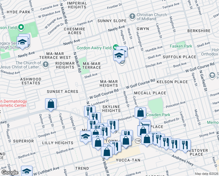 map of restaurants, bars, coffee shops, grocery stores, and more near 3 Bristol Court in Midland