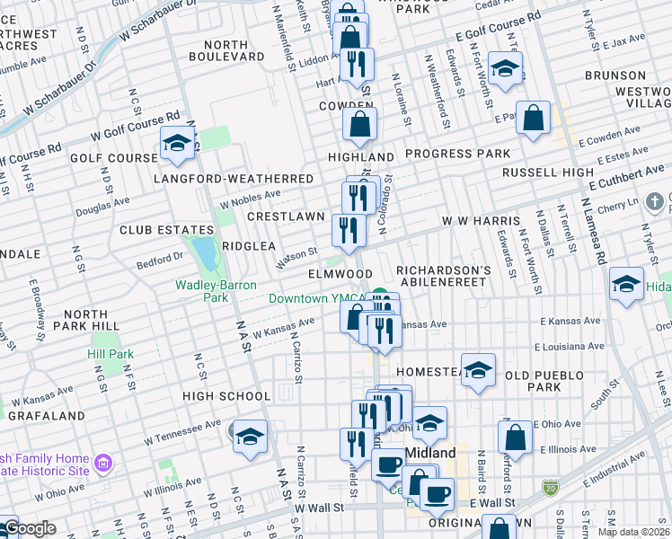 map of restaurants, bars, coffee shops, grocery stores, and more near 1003 North Big Spring Street in Midland