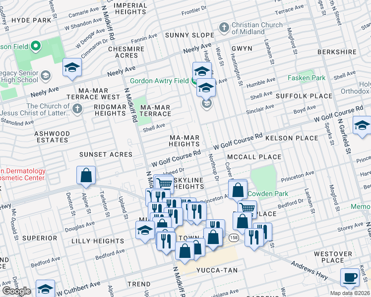 map of restaurants, bars, coffee shops, grocery stores, and more near 3 Bristol Court in Midland