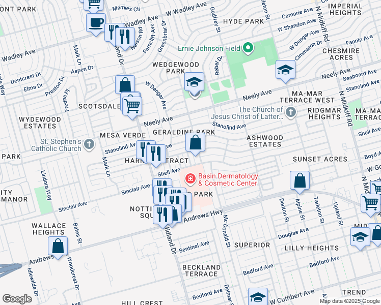map of restaurants, bars, coffee shops, grocery stores, and more near 2106 Freeport Ln in Midland
