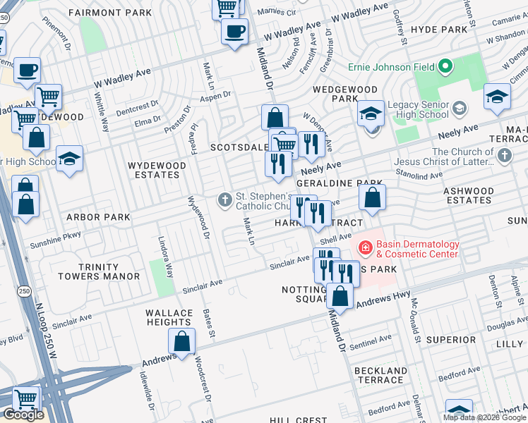 map of restaurants, bars, coffee shops, grocery stores, and more near 4419 Stanolind Avenue in Midland