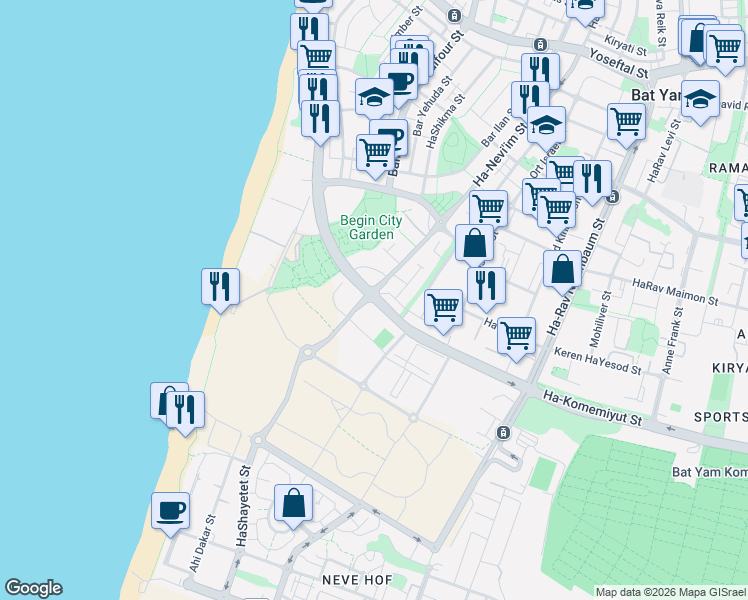 map of restaurants, bars, coffee shops, grocery stores, and more near 16 Ha-Komemiyut Street in Bat Yam