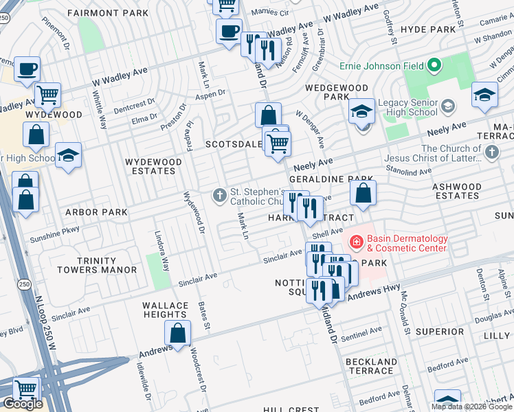 map of restaurants, bars, coffee shops, grocery stores, and more near 4419 Stanolind Avenue in Midland
