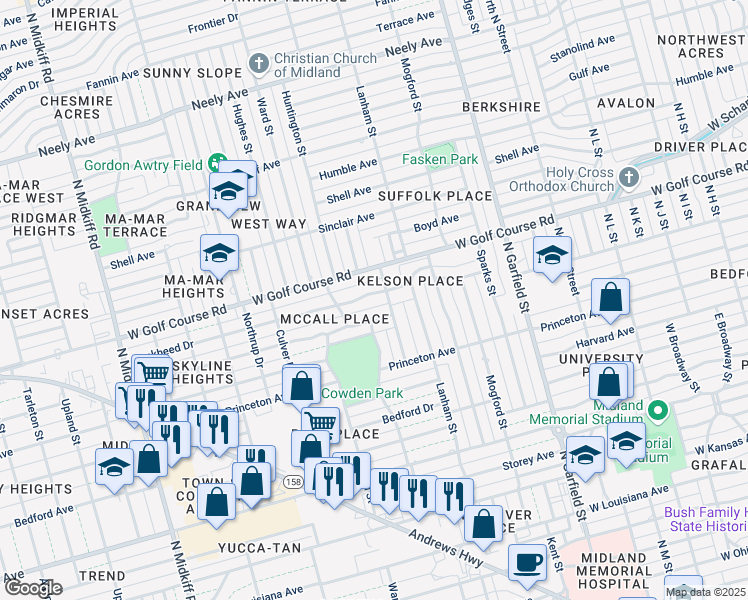 map of restaurants, bars, coffee shops, grocery stores, and more near 2603 Lockheed Drive in Midland
