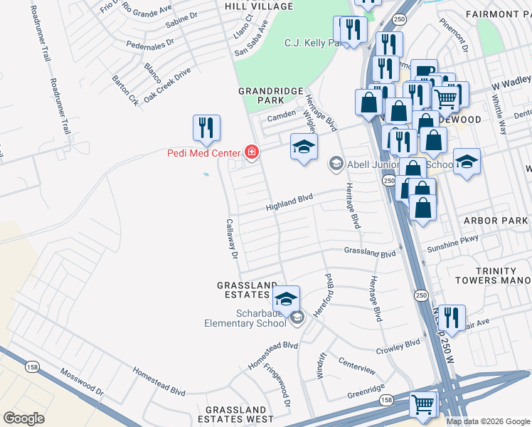 map of restaurants, bars, coffee shops, grocery stores, and more near 5803 Highland Boulevard in Midland