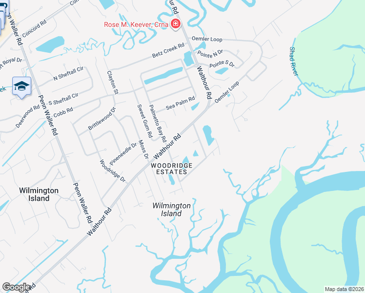 map of restaurants, bars, coffee shops, grocery stores, and more near 7 Moss Pointe Court in Savannah