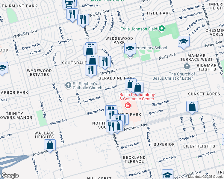 map of restaurants, bars, coffee shops, grocery stores, and more near 4303 Gulf Avenue in Midland