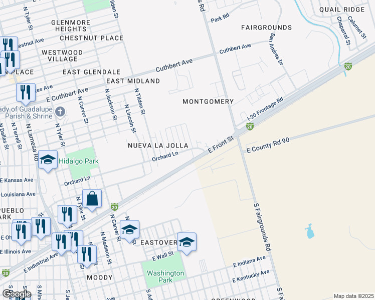 map of restaurants, bars, coffee shops, grocery stores, and more near 2106 Orchard Lane in Midland