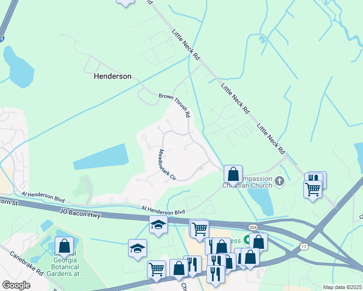 map of restaurants, bars, coffee shops, grocery stores, and more near 15 Mockingbird Lane in Savannah