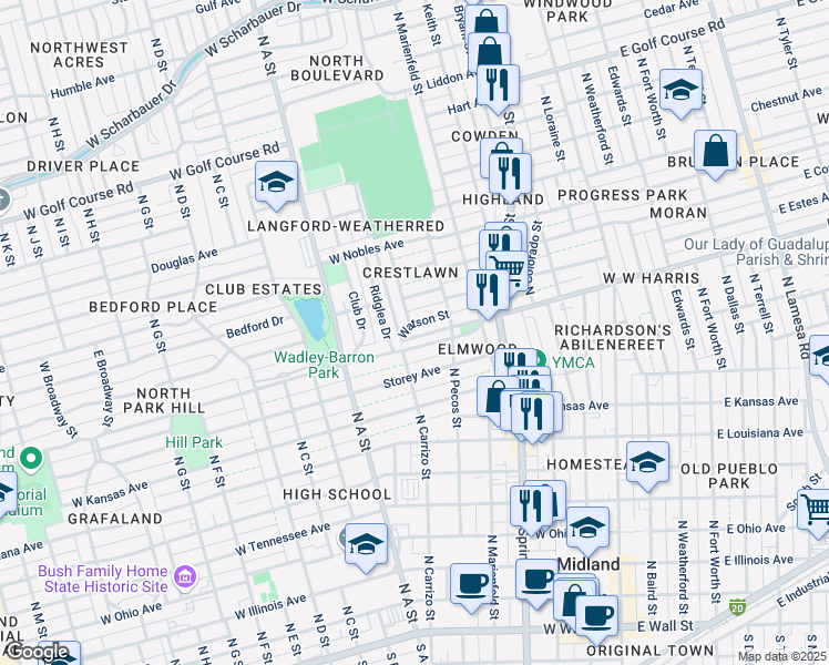 map of restaurants, bars, coffee shops, grocery stores, and more near 610 West Cuthbert Avenue in Midland