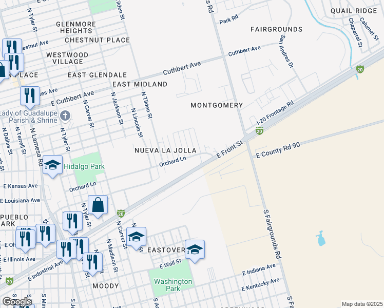 map of restaurants, bars, coffee shops, grocery stores, and more near 2106-2252 Orchard Lane in Midland