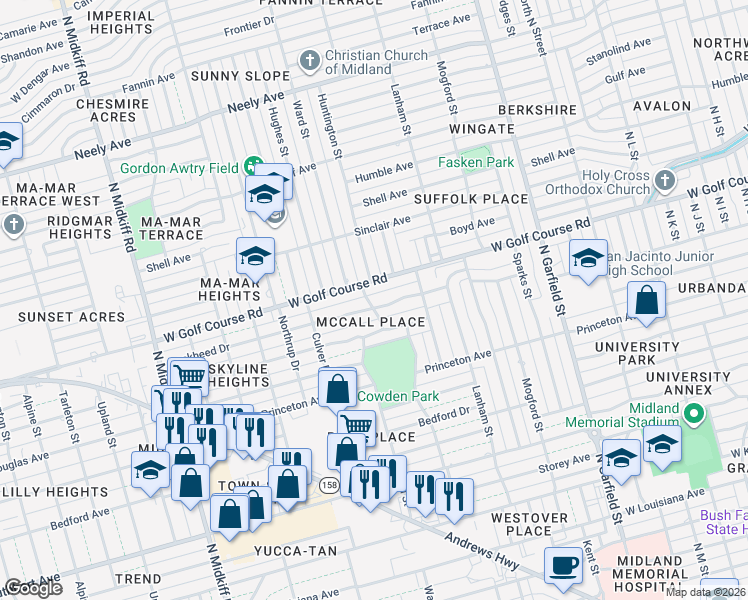 map of restaurants, bars, coffee shops, grocery stores, and more near 1509-1599 Ward St in Midland