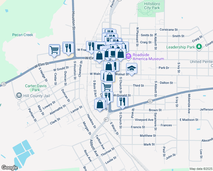 map of restaurants, bars, coffee shops, grocery stores, and more near 230-234 South Waco Street in Hillsboro